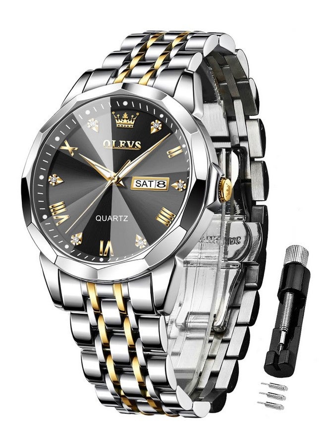 OLEVS Watch for Men Analog Quartz Dress Diamond Business Watches Two Tone Stainless Steel Waterproof Luminous Date Luxury Wrist Watch Gold Black - Image 1