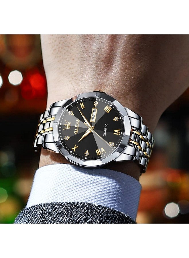 OLEVS Watch for Men Analog Quartz Dress Diamond Business Watches Two Tone Stainless Steel Waterproof Luminous Date Luxury Wrist Watch Gold Black - Image 4