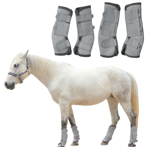 TARFEPA Adjustable Horse Fly Boots Set of 4, Equine Leg Protection Reduce Stomping, Breathable Mesh Fly Boots for Horses, Horse Leggings Leg Guards - Grey - Pony - Image 1