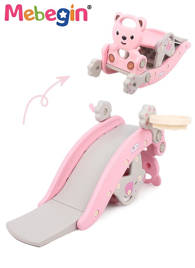 MEBEGIN 2 in 1 Foldable Slide with Basketball Hoop and Extra Long Slide Slope, Freestanding Baby Slide Climber Playset Toys, Can Transform into Rocking Horse, Indoor and Outdoor Use, 104*36*56cm  - Image 2