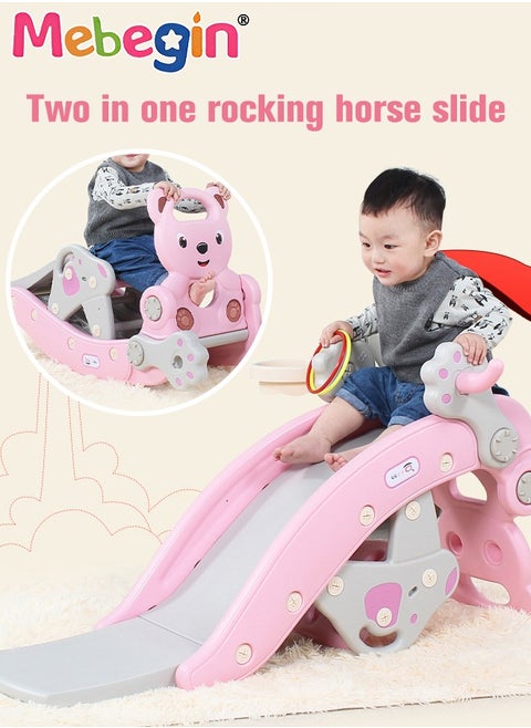 2 in 1 Foldable Slide with Basketball Hoop and Extra Long Slide Slope, Freestanding Baby Slide Climber Playset Toys, Can Transform into Rocking Horse, Indoor and Outdoor Use, 104*36*56cm