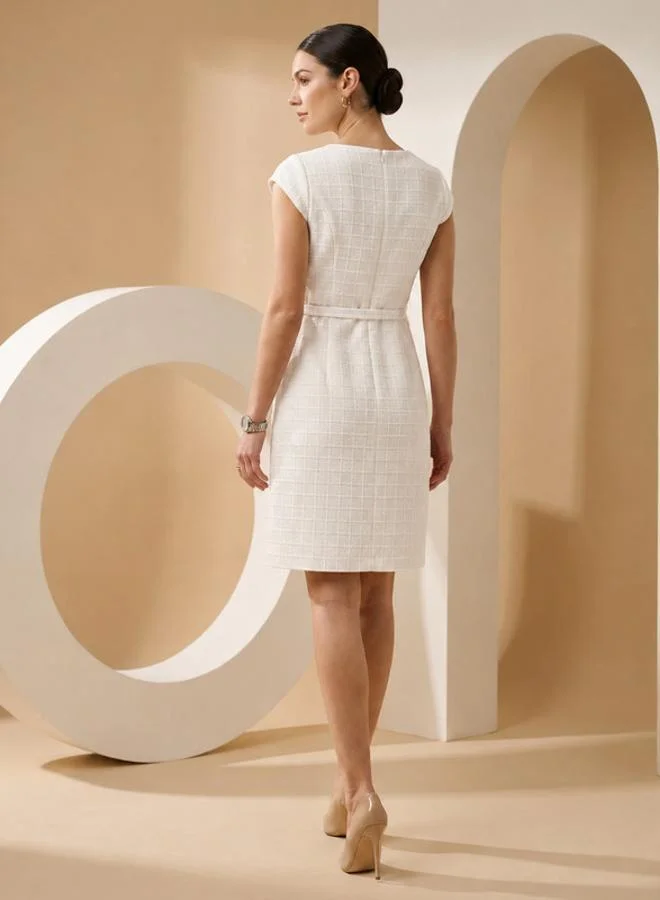 Mish  White Cap Sleeves Buckle Detail Midi Dress for Women | Best Price UAE