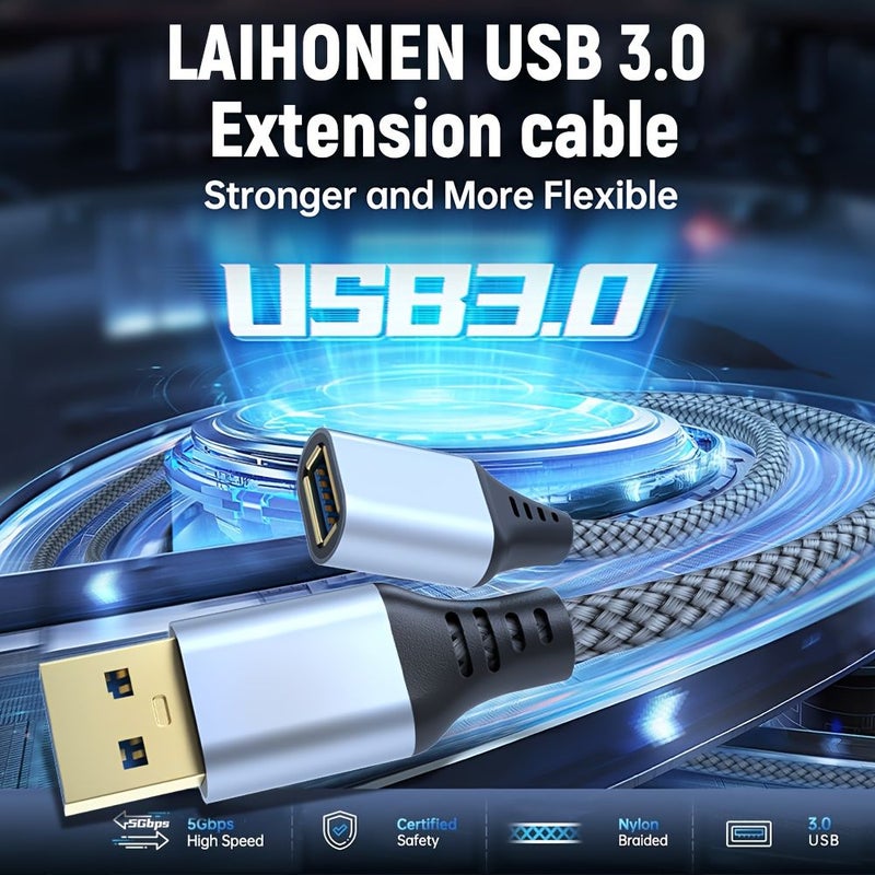 كابل تمديد USB 3.0 عالي السرعة، رمادي، 19.69 بوصة، ذكر USB A إلى أنثى، مضفر بالنايلون، نقل بيانات سريع لأجهزة الكمبيوتر المكتبي والمحمول والتلفزيون والبروجيكتور وموزع USB والشاحن والسيارة. - Image 4