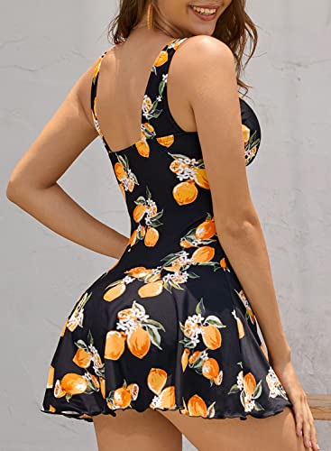 SHEKINI Women's V Neck One Piece Skirt Swimsuit Ruched Retro Swimdress Bathing Suit (Printing - Lemon, Medium) - Image 4