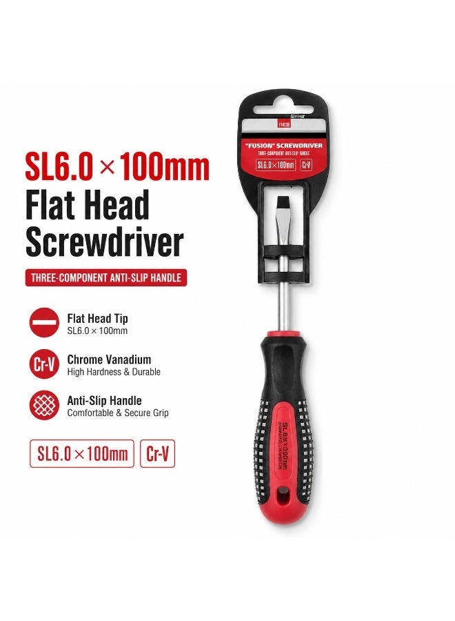 SL6.0 x 100mm Slotted Screwdriver, Long Shaft Flat Head Screwdriver With Anti-Slip Grip Handle For DIY, Home Repair, Furniture Assembly & Workshop Use - Image 1