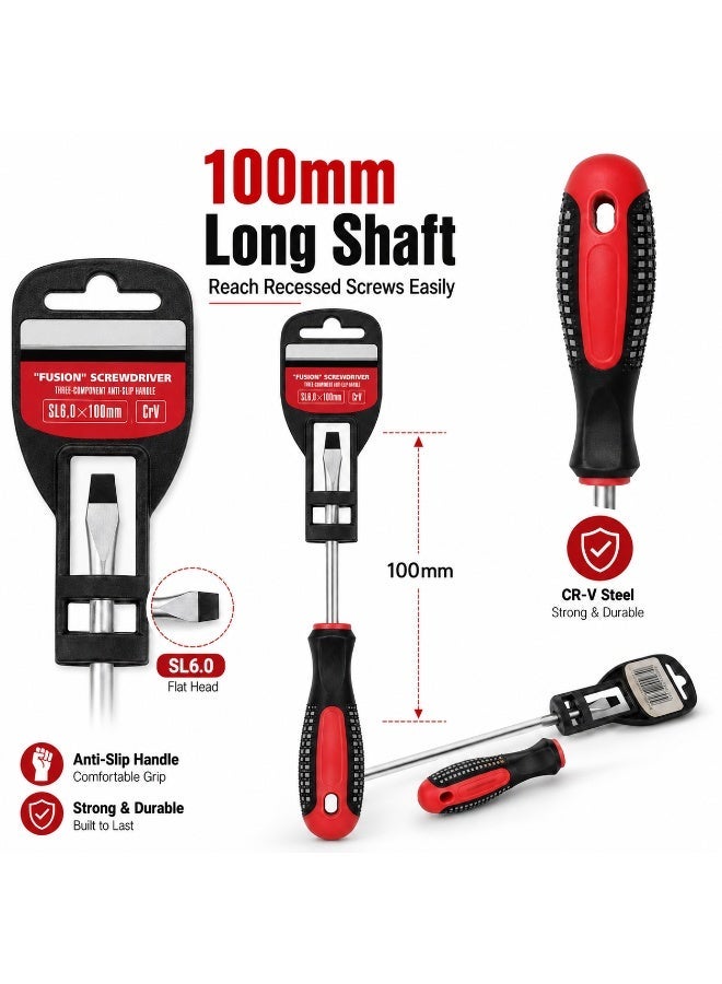 SL6.0 x 100mm Slotted Screwdriver, Long Shaft Flat Head Screwdriver With Anti-Slip Grip Handle For DIY, Home Repair, Furniture Assembly & Workshop Use - Image 3