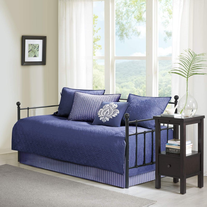 Madison Park Cotton Daybed Cover SetDouble Sided Quilting Classic Cottage Design All Season Bedding with Bedskirt Matching Shams Decorative Pillow 75x39 Quebec Navy 6 Piece