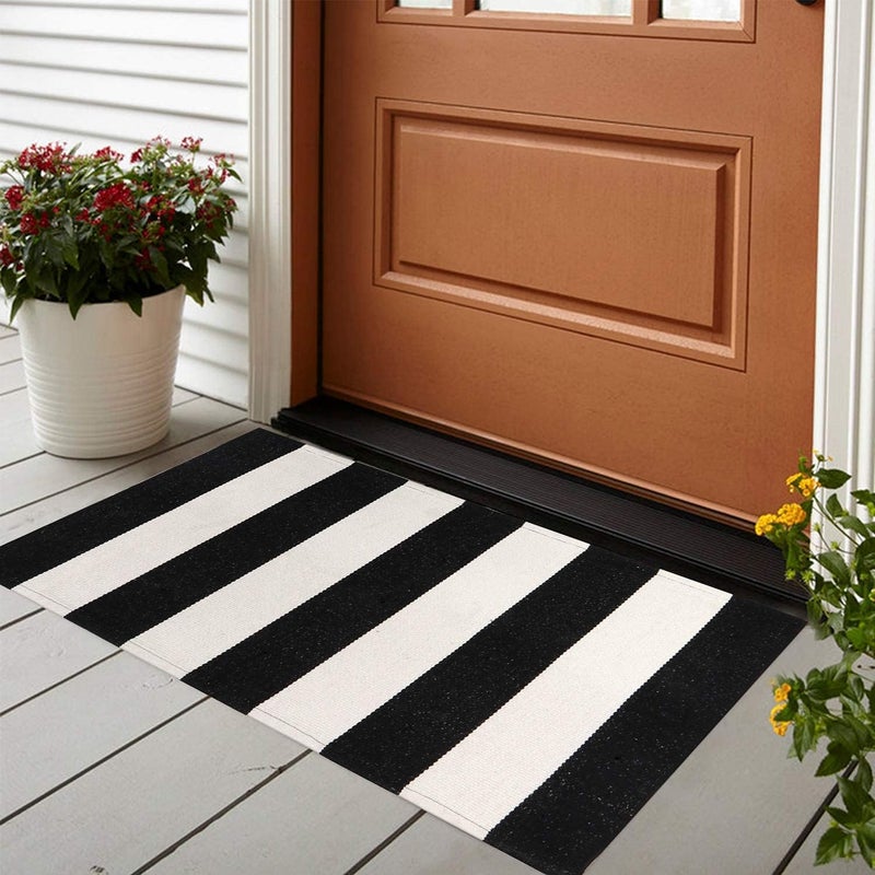 LEEVAN Black and White Rug 2X3 Washable Black Door Mat Cotton Woven Front Porch Rugs Layered Door Mats Outdoor Welcome Indoor Door Mats Farmhouse Go Away Doormat Door Mat Indoor Entrance Rug