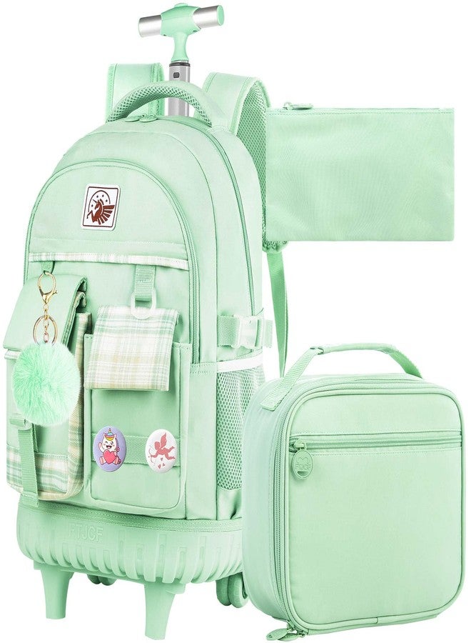 gxtvo 3PCS Rolling Backpack for Girls, Women Wheeled Bookbag with Lunch Box for Adults, Kids Roller school bag, 3pcs Set Green, 20" x 12" x 6" (50.8 x 30.5 x 15.2 cm), 25L, 3pcs Rolling Backpack Set - Image 1