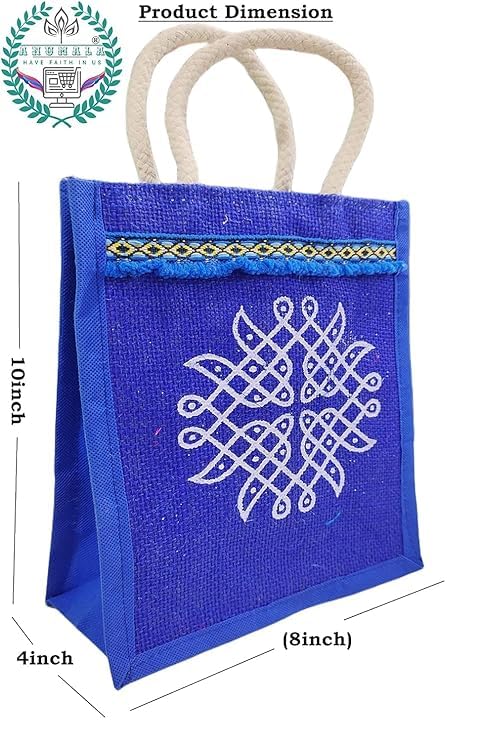 Anumala® Jute Bags with Contrast Kolam Print for Return Gifts | Thamboolam And Jute Bags | Wedding Return Gifts | Birthday Return Gifts | Event Return gifts Bag | Multicolor (8x4x10) inches… - Image 3