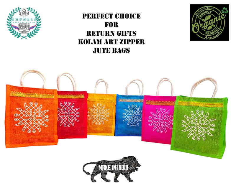 Anumala® Jute Bags with Contrast Kolam Print for Return Gifts | Thamboolam And Jute Bags | Wedding Return Gifts | Birthday Return Gifts | Event Return gifts Bag | Multicolor (8x4x10) inches… - Image 2