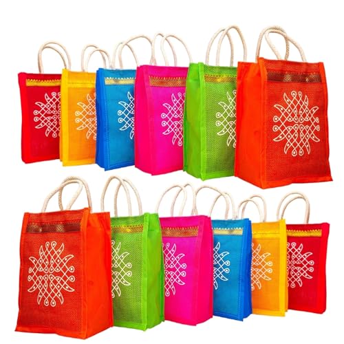 Anumala® Jute Bags with Contrast Kolam Print for Return Gifts | Thamboolam And Jute Bags | Wedding Return Gifts | Birthday Return Gifts | Event Return gifts Bag | Multicolor (8x4x10) inches… - Image 1