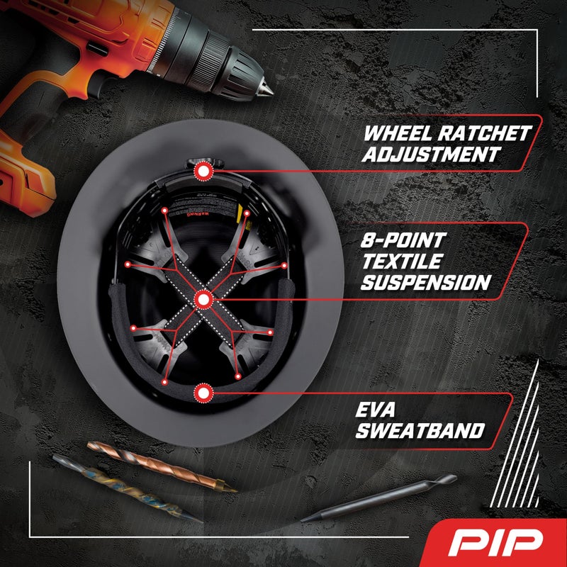 PIP Dynamic WolfJaw Fiberglass Full Brim Hard Hat with Wheel Ratchet, 8 Point Suspension, ANSI/ISEA Z89.1 Type 1 Certified, Glass G Electrical Rating, Black (280-HP1481EAG-11) - Image 4