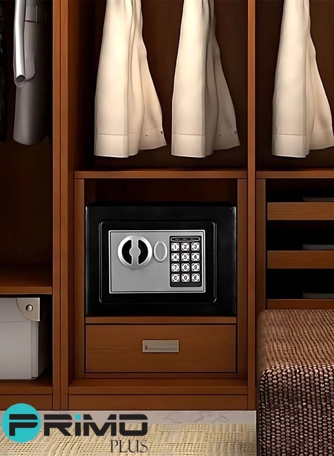 بريمو بلس خزنة رقمية إلكترنية, خزنة إلكترونية مدمجة مع نظام قفل مزدوج - تخزين آمن للأموال والمجوهرات والمستندات والاشياء الثمينة - صندوق أمان مقاوم للحريق ـ للمنزل أو المكتب أو الفندق 27X22x23  سم, أسود/فضي - Image 3