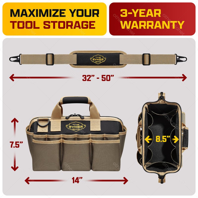 The Ryker Bag حقائب أدوات رايكر الثقيلة للرجال/النساء. حقيبة أدوات ميكانيكي/سباك/مقاول/كهربائي بفتحة واسعة صغيرة 14 بوصة 22 جيب حقائب أدوات ناعمة محمولة منظمة للأدوات - Image 4