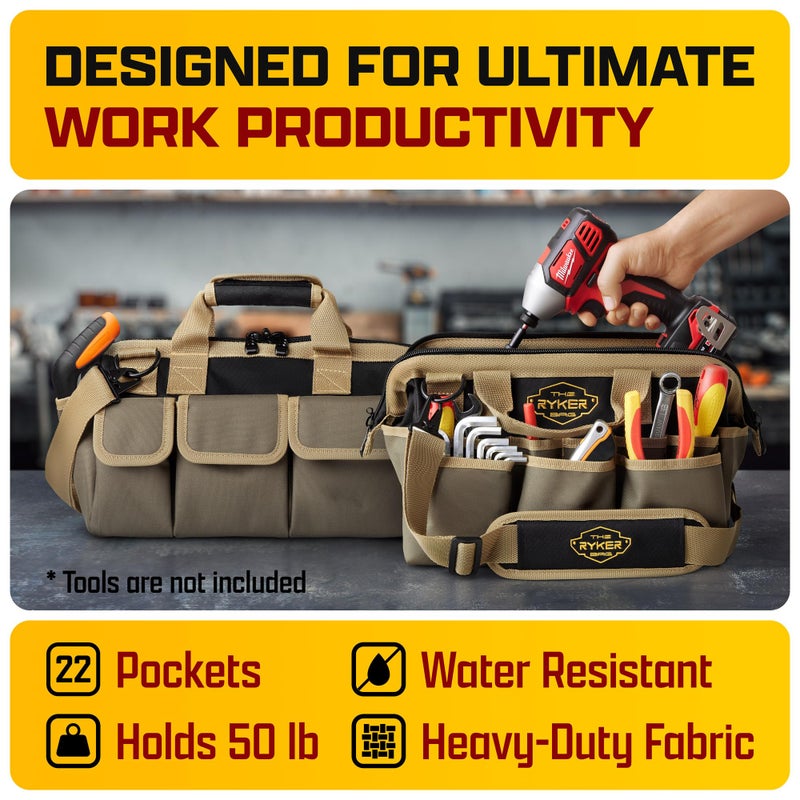 The Ryker Bag حقائب أدوات رايكر الثقيلة للرجال/النساء. حقيبة أدوات ميكانيكي/سباك/مقاول/كهربائي بفتحة واسعة صغيرة 14 بوصة 22 جيب حقائب أدوات ناعمة محمولة منظمة للأدوات - Image 3
