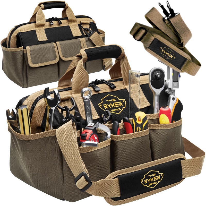 The Ryker Bag حقائب أدوات رايكر الثقيلة للرجال/النساء. حقيبة أدوات ميكانيكي/سباك/مقاول/كهربائي بفتحة واسعة صغيرة 14 بوصة 22 جيب حقائب أدوات ناعمة محمولة منظمة للأدوات - Image 1