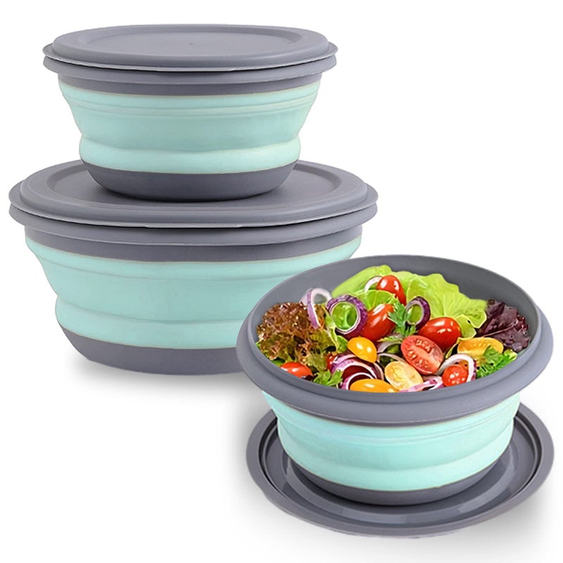 Collapsible Bowls, 3pcs Food Grade Silicone Camping Bowl Salad Bowl with lids, Portable Expandable Lunch Box Food Storage Container for Camping Travel and Picnic,Blue - Image 1