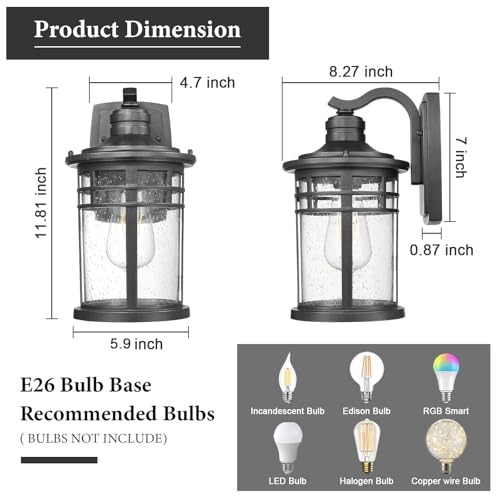 Darkaway Outdoor Porch Lights Wall Mount, Outdoor Light Fixtures Sconces Wall Lighting with Seeded Glass Waterproof Exterior Lights for Patio Yard House Hallway Doorway Garage(2 Pack, Black) - Image 5