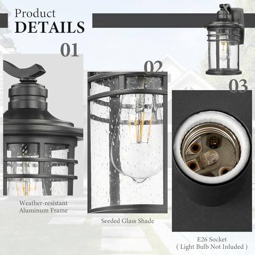 Darkaway Outdoor Porch Lights Wall Mount, Outdoor Light Fixtures Sconces Wall Lighting with Seeded Glass Waterproof Exterior Lights for Patio Yard House Hallway Doorway Garage(2 Pack, Black) - Image 3
