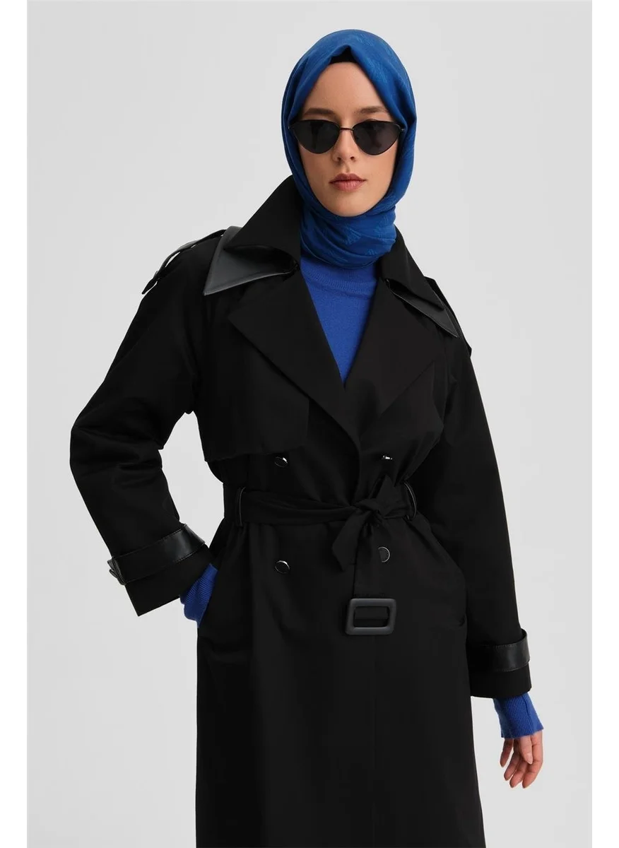 ARMINE Removable Leather Collar Cotton Trench Coat 24K7500 Black