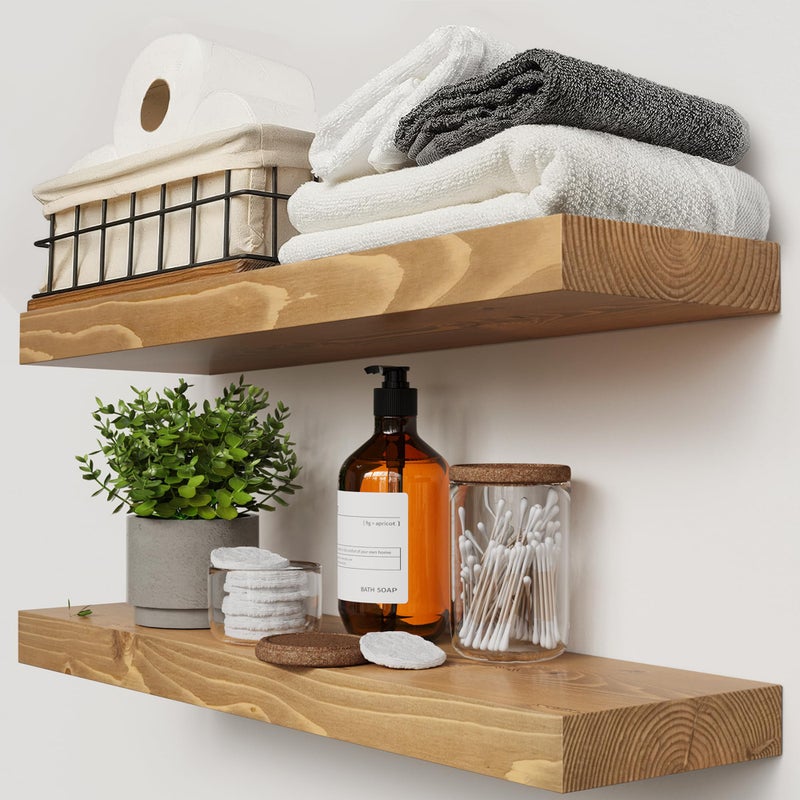 BAOBAB WORKSHOP Natural Wood Floating Shelves for Wall 24 inch - Floating Wall Shelves for Kitchen Bedroom - Wooden Bathroom Shelves - Oak Floating Shelf - 24 x 6.7 Inch, Set of 2 - Image 1