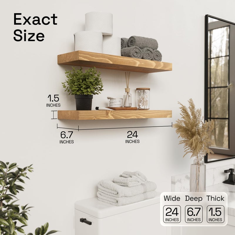 BAOBAB WORKSHOP Natural Wood Floating Shelves for Wall 24 inch - Floating Wall Shelves for Kitchen Bedroom - Wooden Bathroom Shelves - Oak Floating Shelf - 24 x 6.7 Inch, Set of 2 - Image 3