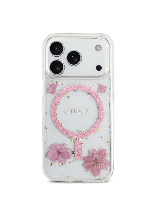 GUESS Guess MagSafe Resin Case with Flowers & Glitter Pattern for iPhone 17 Pro Max, Slim Profile, Drop Protection, Easy Snap-On, Sustainable Packaging, Comfortable Grip, Lightweight Design - Pink - Image 1