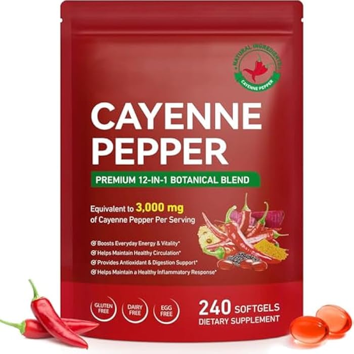 Cayenne Pepper Softgels - 240 Count for Circulation & Wellness | with Grape Seed, Hawthorn, Beetroot, Berberine Extract & Vitamins E, D3 + K2 - Image 1