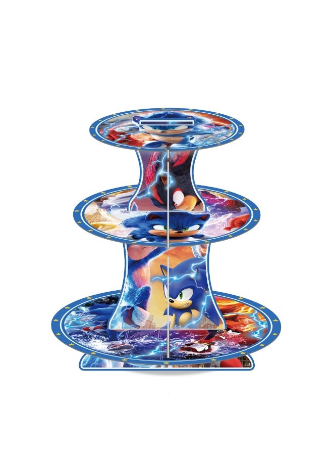 ILovhaprty Sonic The Hedgehog Cake Stand – 3-Tier Sonic Cupcake Stand, Sonic Birthday Party Decorations, Sonic Dessert Tower Display for Party Decoration Supplies - Image 1