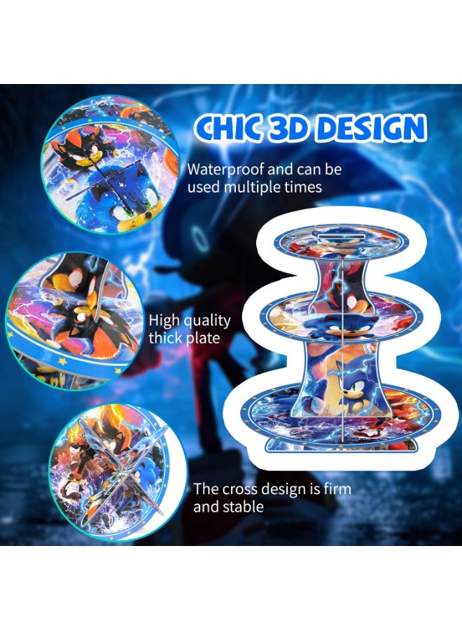 ILovhaprty Sonic The Hedgehog Cake Stand – 3-Tier Sonic Cupcake Stand, Sonic Birthday Party Decorations, Sonic Dessert Tower Display for Party Decoration Supplies - Image 5