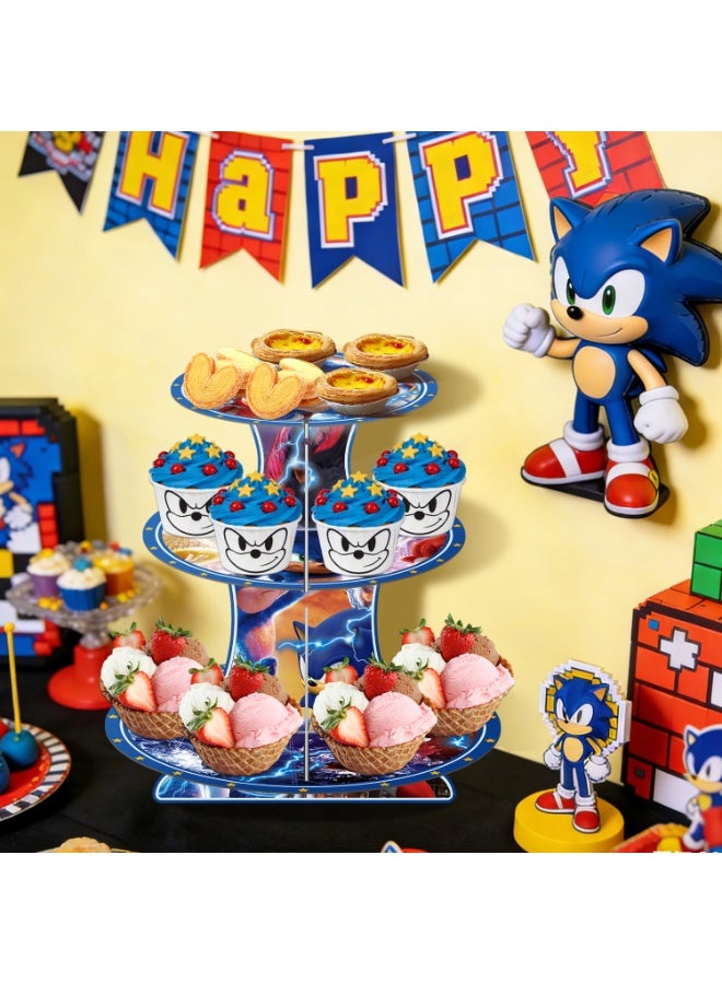 ILovhaprty Sonic The Hedgehog Cake Stand – 3-Tier Sonic Cupcake Stand, Sonic Birthday Party Decorations, Sonic Dessert Tower Display for Party Decoration Supplies - Image 4