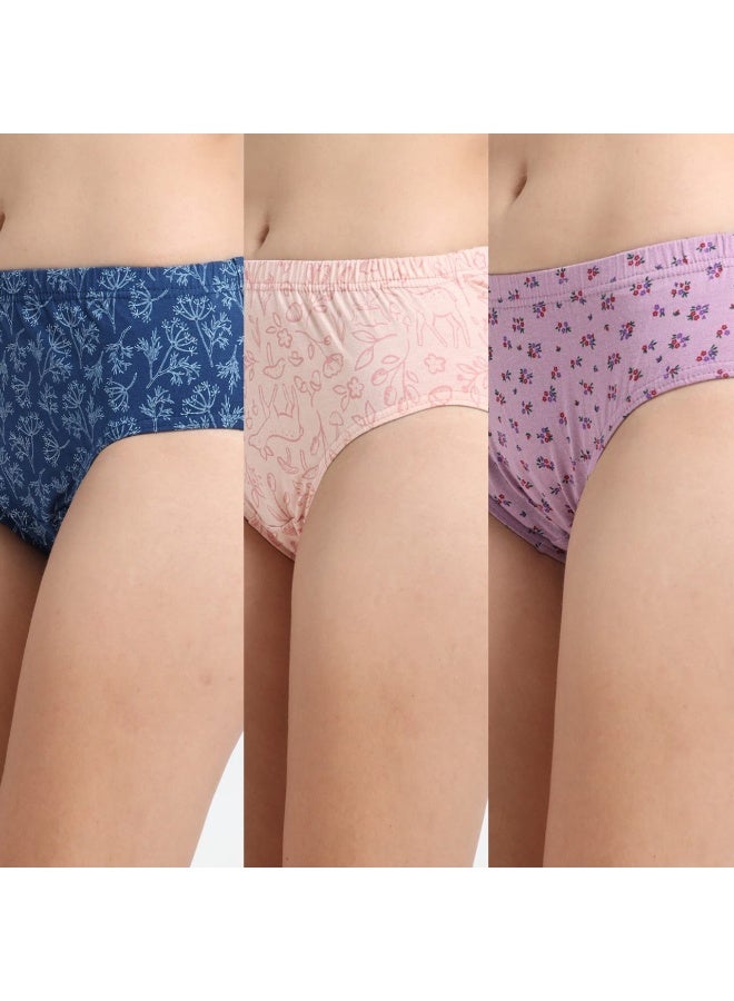 DUJE Women’s Printed Panties (3-Pack Combo 3 – Purple, Blue & Orange) | 95% Cotton 5% Spandex | Stretchable, Breathable, Sweat-Absorbing, Anti-Bacterial & Odour-Free Comfort Wear - Image 1