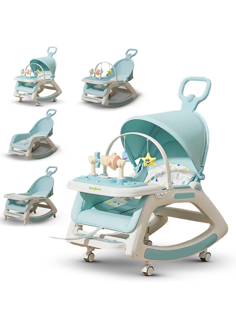 BAYBEE 5 in 1 Multifuctional Baby Rocking Chair for Kids, Baby Chair with Multi Position Recline, Canopy, Rope & Handle Booster Seat Baby Dining Chair with Music, Wheels & Food Tray Baby Rocker for Kids Boys Girls Blue - Image 1