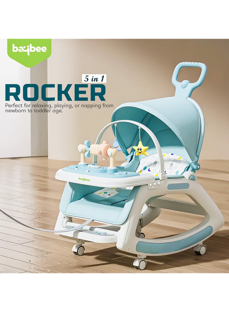 BAYBEE 5 in 1 Multifuctional Baby Rocking Chair for Kids, Baby Chair with Multi Position Recline, Canopy, Rope & Handle Booster Seat Baby Dining Chair with Music, Wheels & Food Tray Baby Rocker for Kids Boys Girls Blue - Image 2