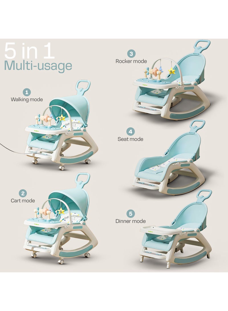 BAYBEE 5 in 1 Multifuctional Baby Rocking Chair for Kids, Baby Chair with Multi Position Recline, Canopy, Rope & Handle Booster Seat Baby Dining Chair with Music, Wheels & Food Tray Baby Rocker for Kids Boys Girls Blue - Image 4