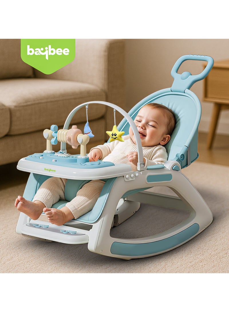 BAYBEE 5 in 1 Multifuctional Baby Rocking Chair for Kids, Baby Chair with Multi Position Recline, Canopy, Rope & Handle Booster Seat Baby Dining Chair with Music, Wheels & Food Tray Baby Rocker for Kids Boys Girls Blue - Image 3