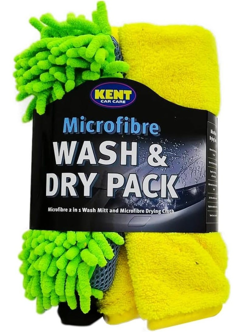 KENT Microfiber Wash & Dry Car Care Kit – 2-Piece Car Cleaning Set with Noodle Microfiber Wash Mitt Glove and Microfiber Drying Towel, Scratch-Free Car Wash Accessories for Exterior & Interior Cleaning - Image 1