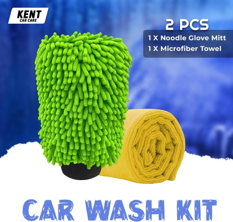 KENT Microfiber Wash & Dry Car Care Kit – 2-Piece Car Cleaning Set with Noodle Microfiber Wash Mitt Glove and Microfiber Drying Towel, Scratch-Free Car Wash Accessories for Exterior & Interior Cleaning - Image 2