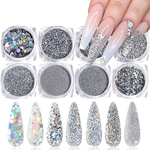 YKZFUI Holographic Nail Art Glitters Sequins 3D Flakes Supplies Shiny Silver Acrylic Powder Dust Confetti Sparkle for Decoration Manicure Accessories 8 Boxes - Image 1