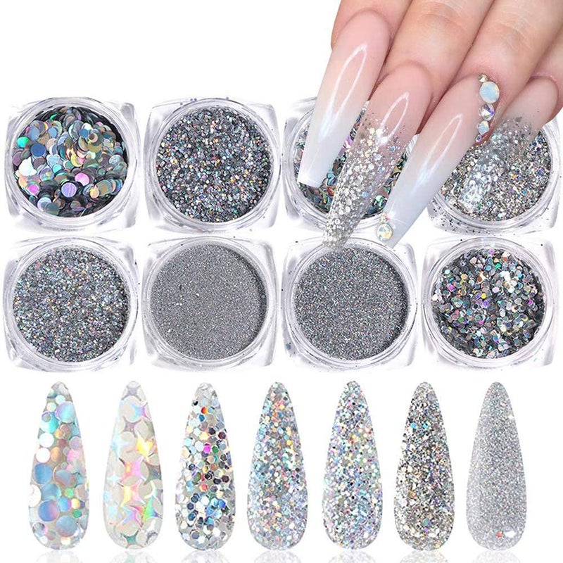 YKZFUI Holographic Nail Art Glitters Sequins 3D Flakes Supplies Shiny Silver Acrylic Powder Dust Confetti Sparkle for Decoration Manicure Accessories 8 Boxes - Image 3