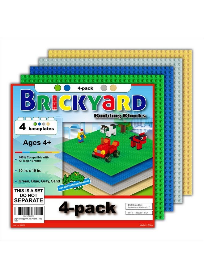 Brickyard Building Blocks ألواح بناء براك yard متوافقة مع ليغو - عبوة من 4 ألواح كبيرة 10 × 10 بوصة لقطع اللعب، أنشطة STEM وطاولة عرض - أخضر، أزرق، رمادي، رمل - Image 1