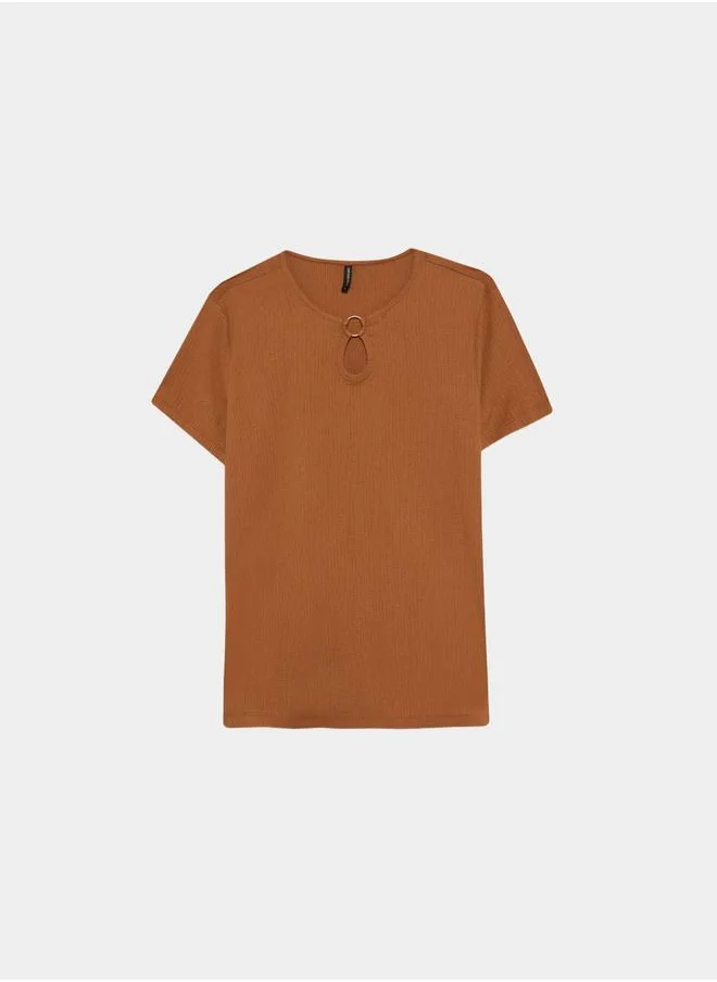 DeFacto DeFacto Women Brown Knitted Crew Neck Short Sleeve T-Shirt