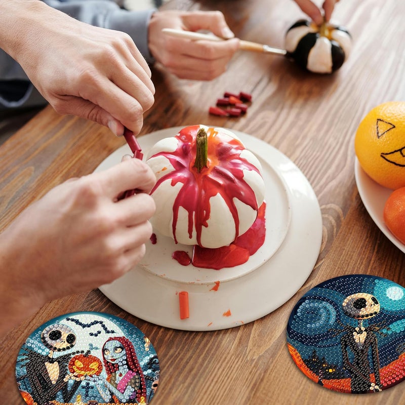 MBNTJHT 8 Pcs Halloween Diamond Painting Coasters Kits for Adults Beginners, DIY Horror Skull Diamond Art Coasters with Holder, Full Drill Rhinestone Painting Coaster Kits for Supplies Gifts 4X4 Inch. - Image 5