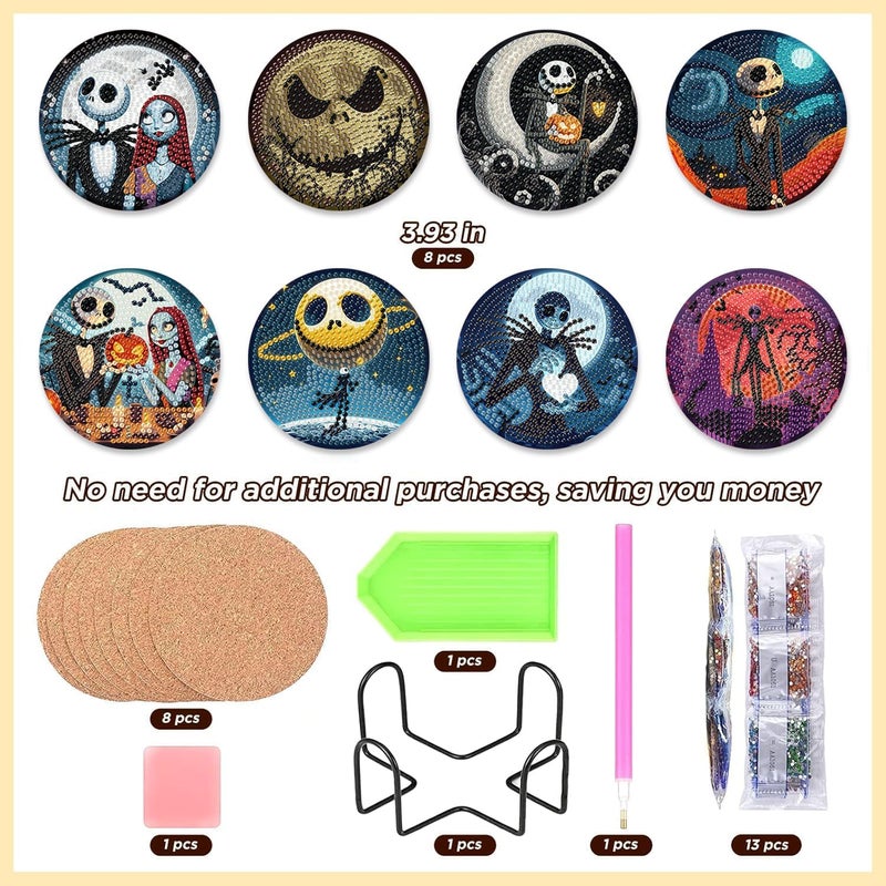MBNTJHT 8 Pcs Halloween Diamond Painting Coasters Kits for Adults Beginners, DIY Horror Skull Diamond Art Coasters with Holder, Full Drill Rhinestone Painting Coaster Kits for Supplies Gifts 4X4 Inch. - Image 2