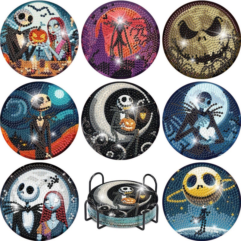 MBNTJHT 8 Pcs Halloween Diamond Painting Coasters Kits for Adults Beginners, DIY Horror Skull Diamond Art Coasters with Holder, Full Drill Rhinestone Painting Coaster Kits for Supplies Gifts 4X4 Inch. - Image 1