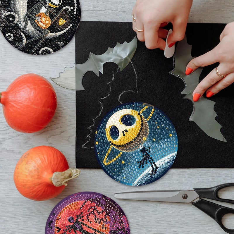 MBNTJHT 8 Pcs Halloween Diamond Painting Coasters Kits for Adults Beginners, DIY Horror Skull Diamond Art Coasters with Holder, Full Drill Rhinestone Painting Coaster Kits for Supplies Gifts 4X4 Inch. - Image 4