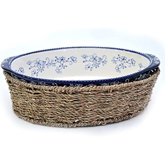 rayihni Floral Lace Oval Baker With Banana Grass Woven Basket  Blue  Oven Microwave Freezer Refridgerator Safe Ceramic Hand Painted Bakeware For Baking Serving Kitchen Cooking Gift - Image 2