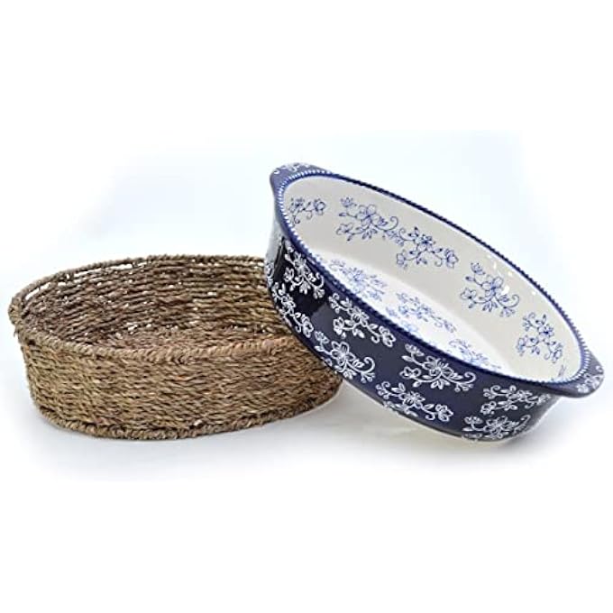 rayihni Floral Lace Oval Baker With Banana Grass Woven Basket  Blue  Oven Microwave Freezer Refridgerator Safe Ceramic Hand Painted Bakeware For Baking Serving Kitchen Cooking Gift - Image 1