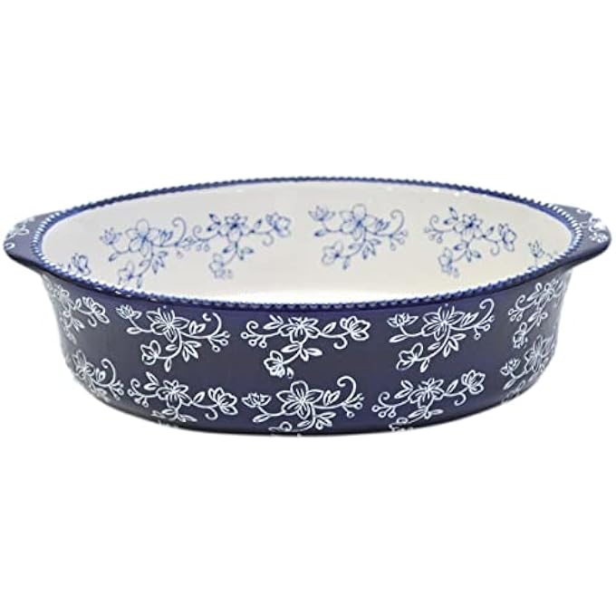 rayihni Floral Lace Oval Baker With Banana Grass Woven Basket  Blue  Oven Microwave Freezer Refridgerator Safe Ceramic Hand Painted Bakeware For Baking Serving Kitchen Cooking Gift - Image 4